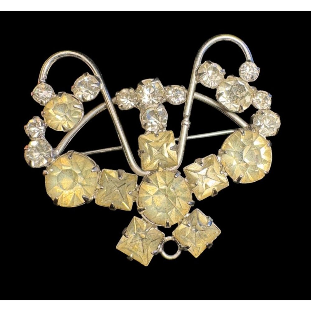Rhinestone Butterfly Pin Brooch With Yellow & Clear Stones Silver-Tone Metal Vin